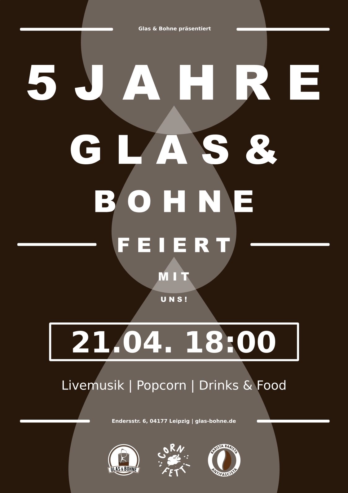 5 Jahre Glas & Bohne. Jubiläums-Flyer.
